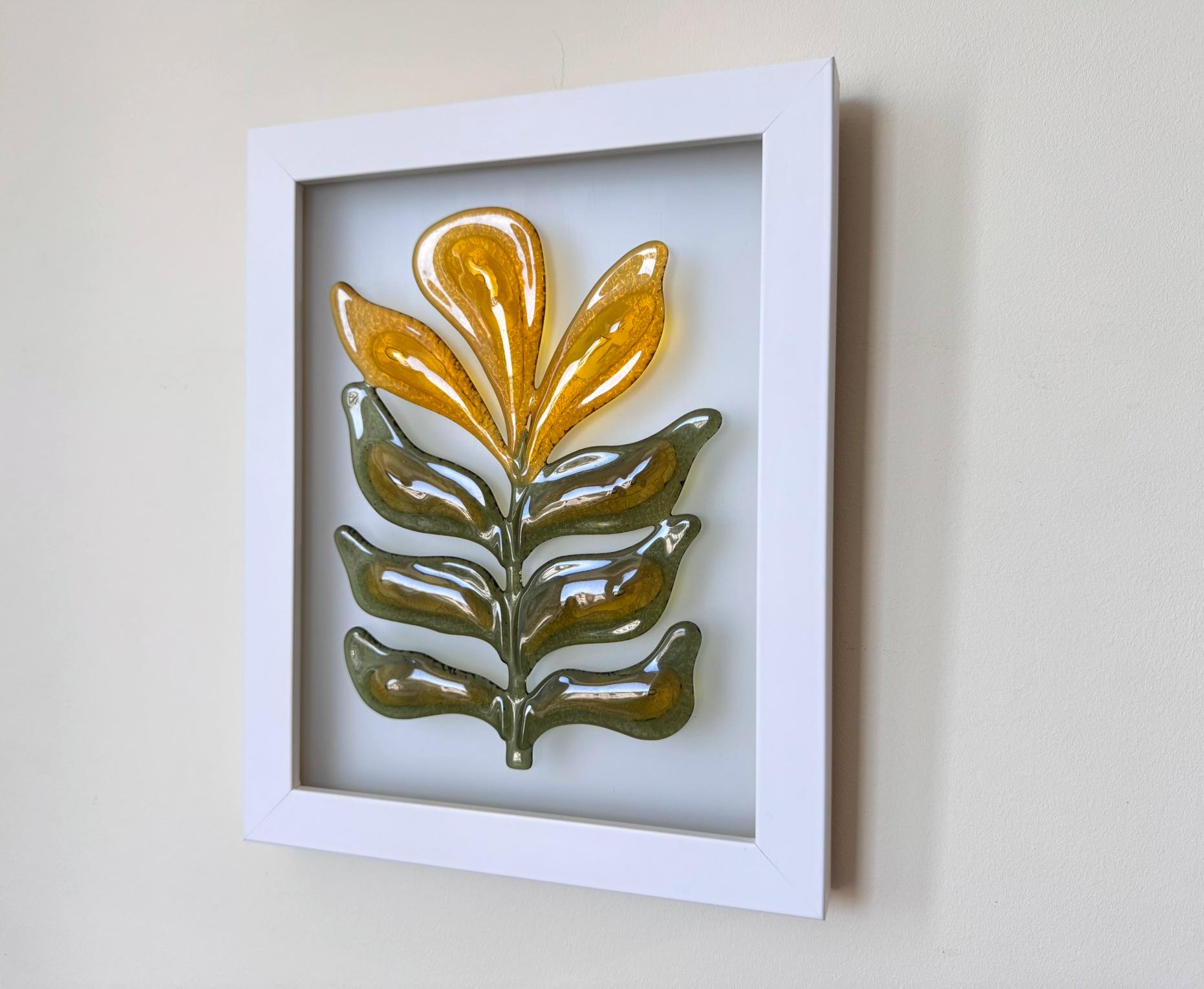 Fused Glass Wall Art – Amber and Green Leaf Panel – Framed Botanical Glass Artwork – Modern Boho Decor – Handmade Nature-Inspired Gift