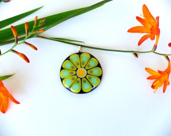 Handcrafted Nature-Inspired Flower Pendant: Colorful Fused Glass Artistry with Yellow & Blue Accents and Personalization Option