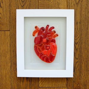May include: A framed glass art piece depicting a red anatomical heart. The heart is made of stained glass and is set against a white background.