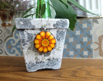 Handcrafted Nature-Inspired Flower Pendant: Colorful Fused Glass Artistry with Yellow & Orange Accents and Personalization Option