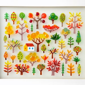Fused glass house in the forest wall art, glass panel, wall hanging art, forest view, nature wall art, home wall decor, modern glass art