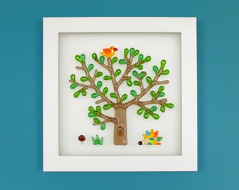 Fused Glass Forest Wall Art: Hedgehog & Bird, 3D Nature Decor