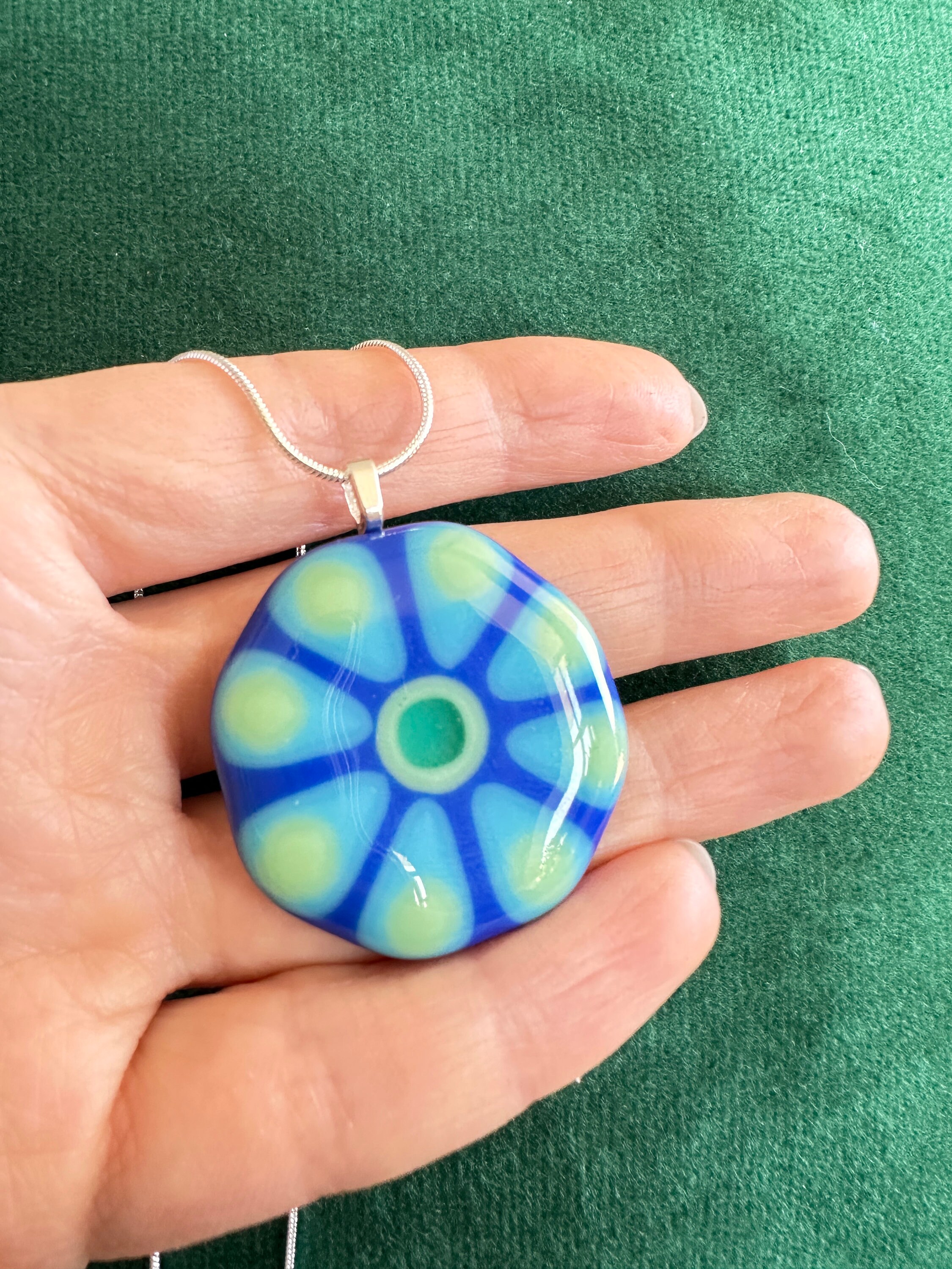 Handcrafted Nature-Inspired Flower Pendant: Colorful Fused Glass Artistry with Blue & Mint Accents and Personalization Option