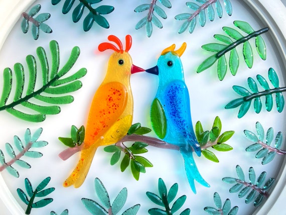 Fused Glass Birds Wall Art: Modern Circle Glass Decor (14 in)