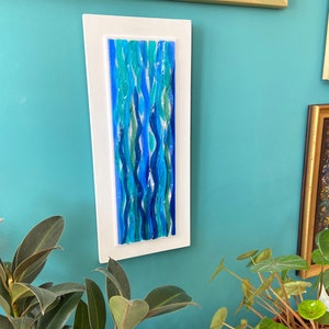 Vertical blue ocean wall art, Fused glass wall art, Glass sea views, Blue ocean art, Abstract sea waves, Ocean scene, Beach glass, Glass sea