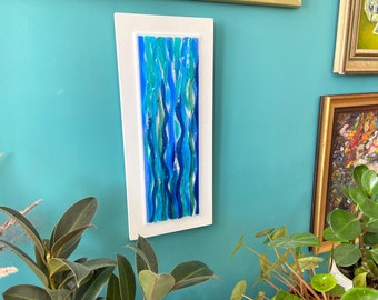 Fused Glass Wall Art: Vertical Blue Ocean Waves (17.3 x 7.28 in)