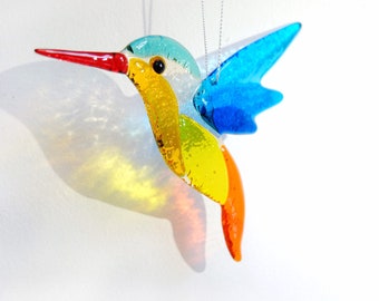 Hummingbird fused glass suncatcher,Bird suncatcher, Glass hummingbird, Colorful bird, Rainbow Suncatcher, Bird ornament, Window glass decor