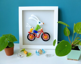 Hares on a bicycle, Rabbits on bike, Framed 3d wall art
