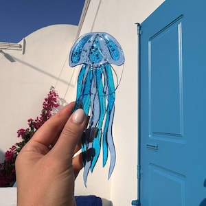 Fused Glass Jellyfish Suncatcher, Blue Window Hanging, Ocean Sea Creature Decor, Beach House Gift, Handmade Glass Art