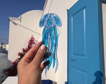 Gesmolten glazen kwal Suncatcher: blauwe oceaan zeedieren raam hangend