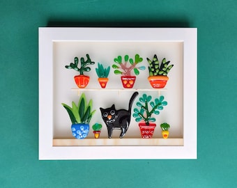 Glass Wall art black cat in plants, urban jungle art, plant decor, cactus and succulents, unique plants art, house plant lovers, plants gift
