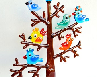 Fused glass tree with birds, Color glass birds, Glass Souvenir, Fusing Technique, home decor, glass sculpture, glass figurines, tree of luck