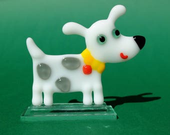 Fused Glass Dog Figurine: Handmade White Dog Art with Yellow Collar