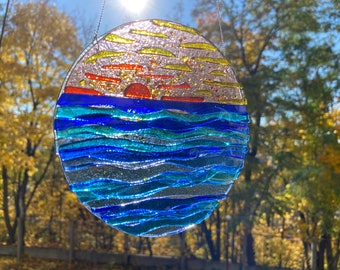 Fused Glass Suncatcher: Ocean Sunset Waves, Beach House Decor (5.5in)