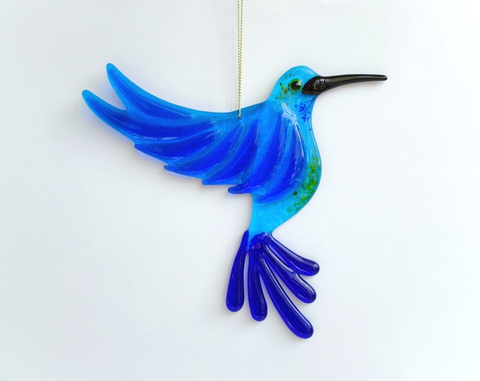 Handmade Fused Glass Hummingbird Suncatcher, Glass Bird, Window