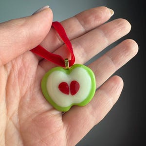 Fused Glass Apple Pendant – Green and White Sliced Apple Necklace – Handmade Fruit Jewelry – Unique Glass Pendant – Gift for Her