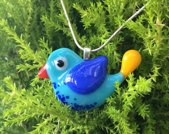 Blue bird Pendant, fused glass Pendant, blue jewellery, summer necklace, blue glass necklace, blue fused glass jewellery, gift for her