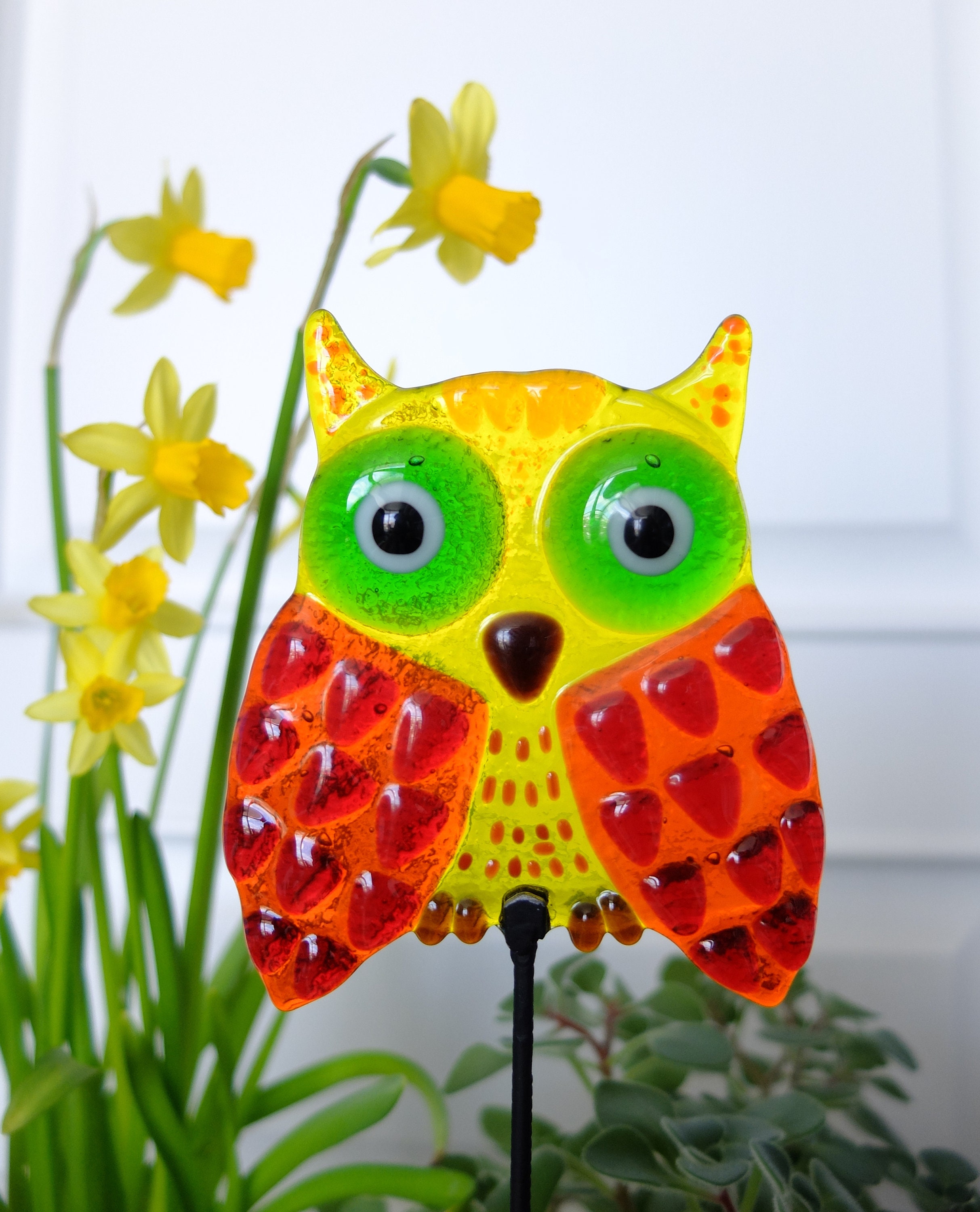 Glass owl. Garden decor. Window decor. Decor for pots. Fused Etsy