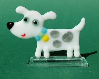 Fused Glass dog with a blue collar, glass figurine, white dog, dog figurine, home decor, glass sculpture, glass figurine, animal collection