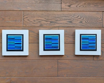 Fused Glass Wall Art Set: Modern Blue Coastal Decor, 3 Panels