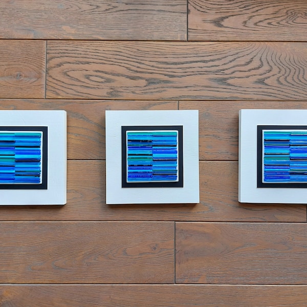 Modern glass wall set with three panels, Blue wall art, Horizontal wall art,Fused glass wall art, Unique house decor, coastal wall art