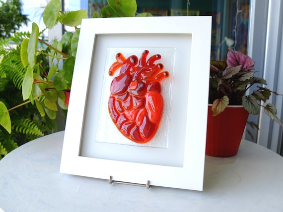 Fused Glass Anatomical Heart Wall Art: Red Spectrum Glass Decor