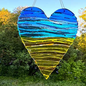 Fused glass blue and yellow heart suncatcher, Ukrainian flag, window glass decor, decor for windows, fused Glass art, glass heart