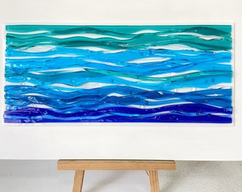 Ocean waves glass wall art, Sea view scene, Blue ocean art, Abstract sea waves, Ocean wall art, Fused glass art, 3d wall art, Sea memories