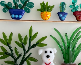 Contemporary Handcrafted Fused Art Glass Wall Decor featuring Adorable Dog, Lush Plant Accents, and Modern Styling for Home Interior Design