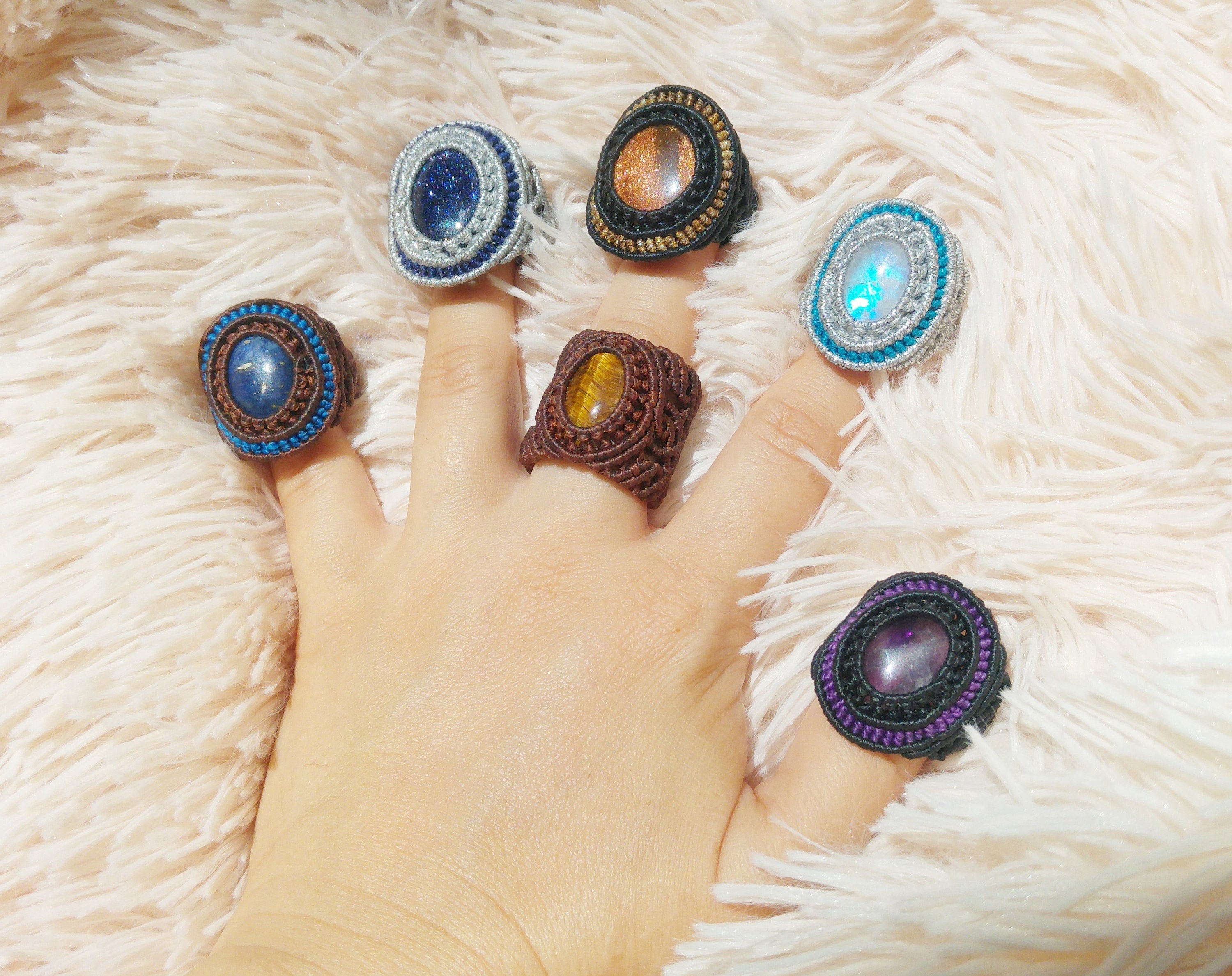 Macrame Gemstone Ring, Custom Rings Choose Your Own Stone and Thread Colour, Crystal Boho Hippie Rings