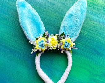 Easter Bunny Ears and Blue/Yellow Swirl Roses Headband