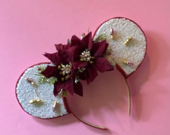 White Sequin Burgundy Poinsettia and Rose Gold inspired Mouse Ear