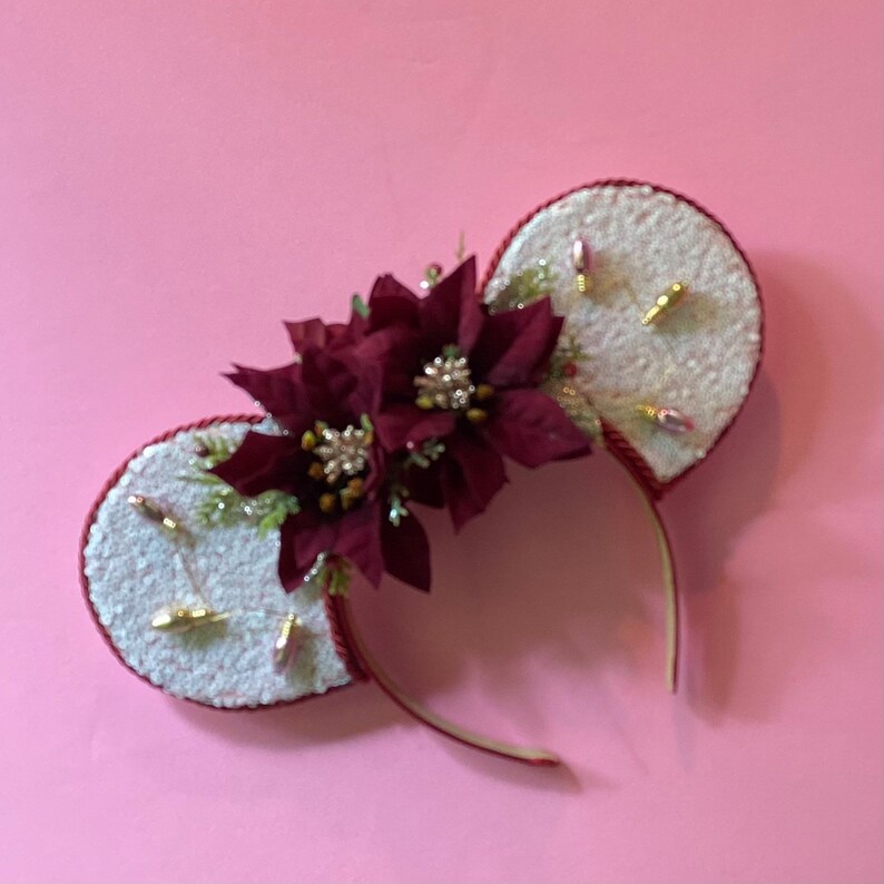 White Sequin Burgundy Poinsettia and Rose Gold inspired Mouse Ear image 1