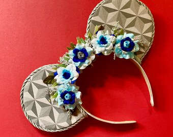 Epcot Blue, LightBlue, Silver, and White Swirl Roses inspired Mouse Ear Headband