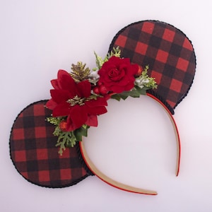 Christmas Buffalo Plaid Mickey Ears Headband with Red Poinsettias Pine Accents and Roses for Holiday Farmhouse Disney Park Outfit