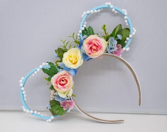 Küstenblumen 3D Mickey Ohren | Perle Mickey Ohr-Stirnband | Strand Inspiriert Disney Ohren | Küsten Disney Ohren