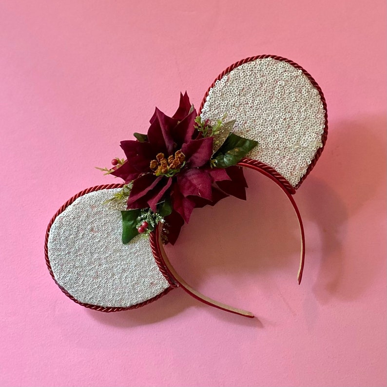 White Sequin Burgundy Poinsettia and Rose Gold inspired Mouse Ear image 2