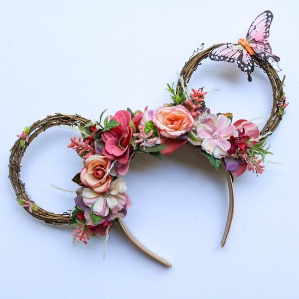 Flower and Garden inspired Vine Mouse Ears with Pink Blush Butterfly