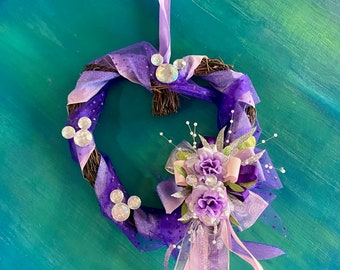 Lavender Roses 6 inch Grapevine Heart Wreath with Mickey Rhinstones