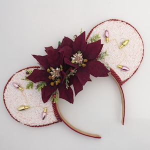 Christmas Mickey Ears Headband with Burgundy Poinsettias White Sequin Ears and Ornament Lights for Holiday Disney Park Magic