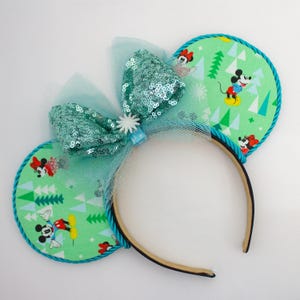 Winter Mickey Minnie Mouse Ears Headband with Green Holiday Fabric Teal Sequin Bow Tulle Snowflake Accent for Christmas Disney Look