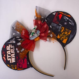 Star Wars Mickey Ears Headband with Comic Fabric Print Tulle Bow and Millennium Falcon Charm for Disney Galaxy’s Edge Fans