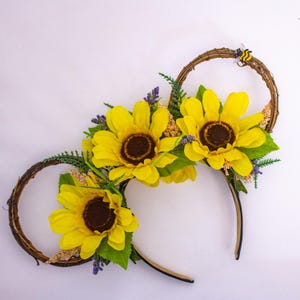 Sunflower Mickey Ears Headband with Bright Yellow Blooms Rustic Grapevine Ears and Cute Bee Detail for Epcot Flower and Garden Festival