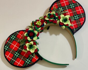 Red and Green Swirl Roses Plaid Christmas inspired Mouse Ears