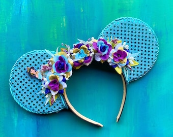 Jasmine Inspired Fabric Mouse Ears with Blue and Purple Roses