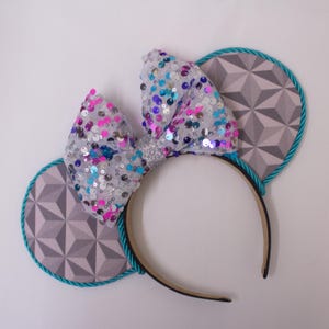 Epcot Spaceship Earth Mickey Ears Headband with Geometric Fabric Teal Trim and Sparkly Silver Sequin Bow for Festival Disney Look