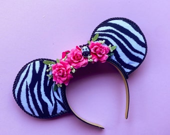 Animal Kingdom Zebra Inspired Fabric Mouse Ears with Pink Roses