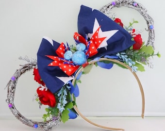 4th of July / Patriotic Floral Mouse Ears | Red White & Blue Mouse Ears | Floral Vine Mouse Ears