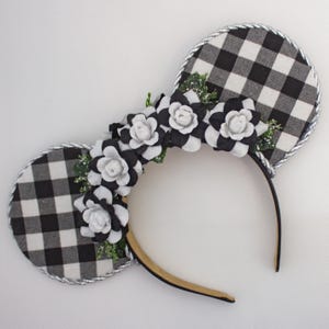 Buffalo Plaid Mickey Ears Headband with Black and White Flowers and Silver Trim for Farmhouse Style Disney Outfit or Holiday Look