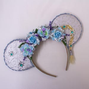 Elsa Inspired Mickey Ears Headband with Silver Glitter Fabric Blue Flowers and Braided Hair Accent for Frozen Disney Princess Look